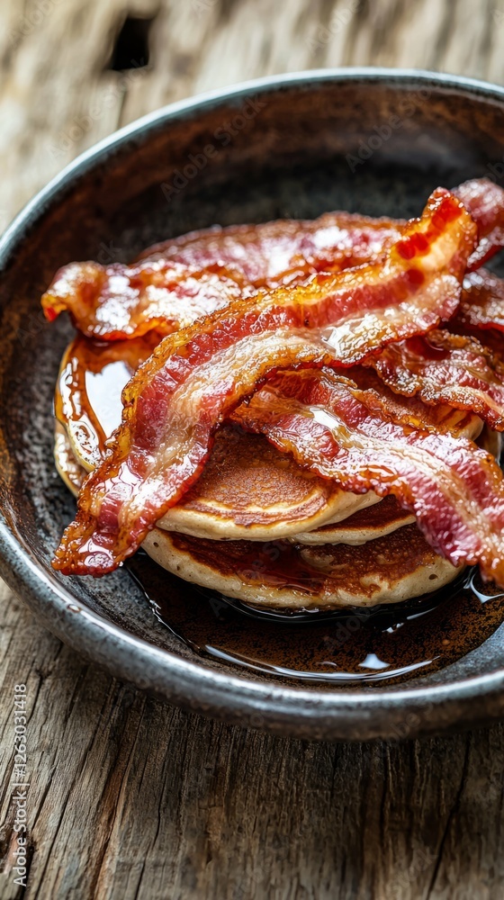Poster delicious pancakes with crispy bacon and maple syrup on rustic table