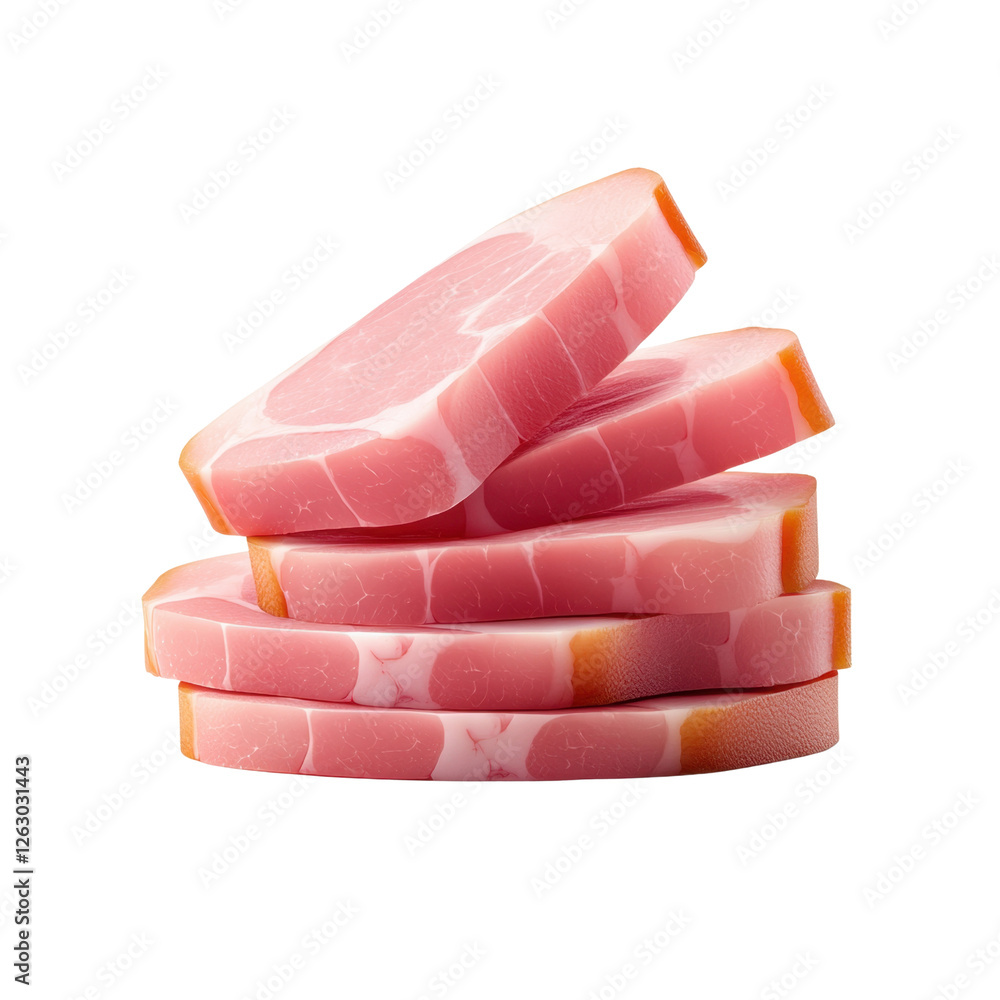 Poster freshly cut pork belly slices stack with visible lean and fat layers on white background for culinar