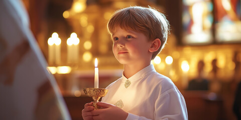 Little child wearing white traditional gown receiving their first holy communion. Religious kid holding Christening candle. Traditions in catholic church.