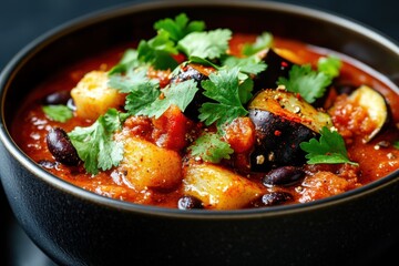 Spicy vegan chili with black beans, eggplant, and fresh cilantro in black bowl.