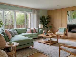 Fototapeta premium Modern Green Sectional Sofa Living Room Design