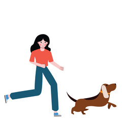 Woman running with dog. Flat design vector illustration isolated on white background