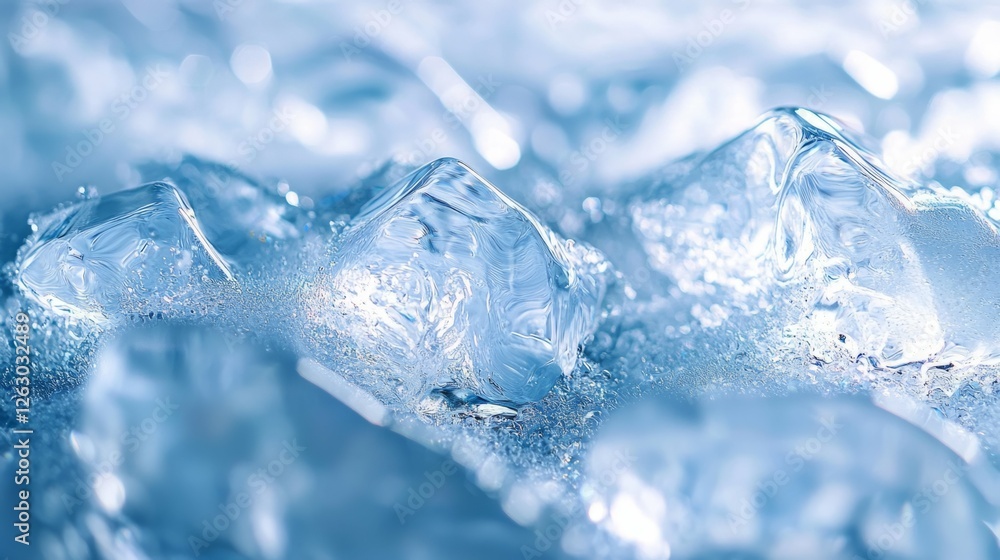 Poster close-up view of sparkling ice cubes on a soft blue background