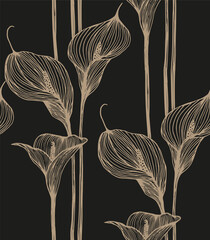 Seamless elegant pattern. Golden callas on a black background.