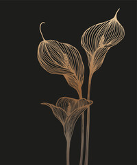 Gold pattern on a black background. Linear drawing of a lily. Interior print, print for any surface.