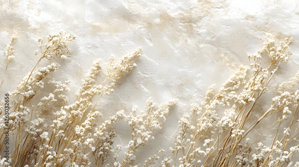 Aufkleber Image of dried flowers arranged on a light textured surface. The color palette is predominantly cream and beige. The mood is calming and serene. Macro Texture Backgrounds. Dried Flowers on a Textured