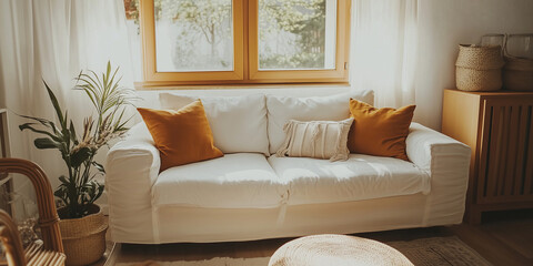 Fototapeta premium Stylish modern living room interior in minimalistic style. Cozy living room arrangement, soft blankets, earthly colored pillows and house plants.
