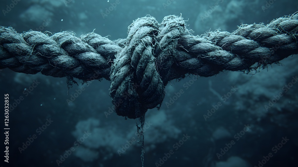 Aufkleber A close-up of a weathered rope knot submerged underwater, creating a moody and textured image. Macro Texture Backgrounds Frayed Rope detailed texture. The Underwater Knot.