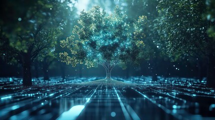 Glowing digital tree in a dark forest.