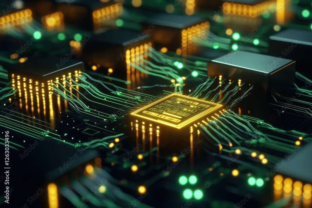 Aufkleber a close-up view of a circuit board featuring glowing microchips and intricate wiring, showcasing adv