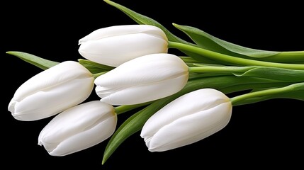 A close-up view of a bouquet of white tulips resting against a black surface, highlighting their graceful curves and fresh foliage