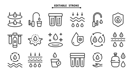 Simple Set of Water Related Vector line Icons. Editable stroke. Water purification icon set. Wastewater treatment collection. Osmosis and desalination. Filtration process