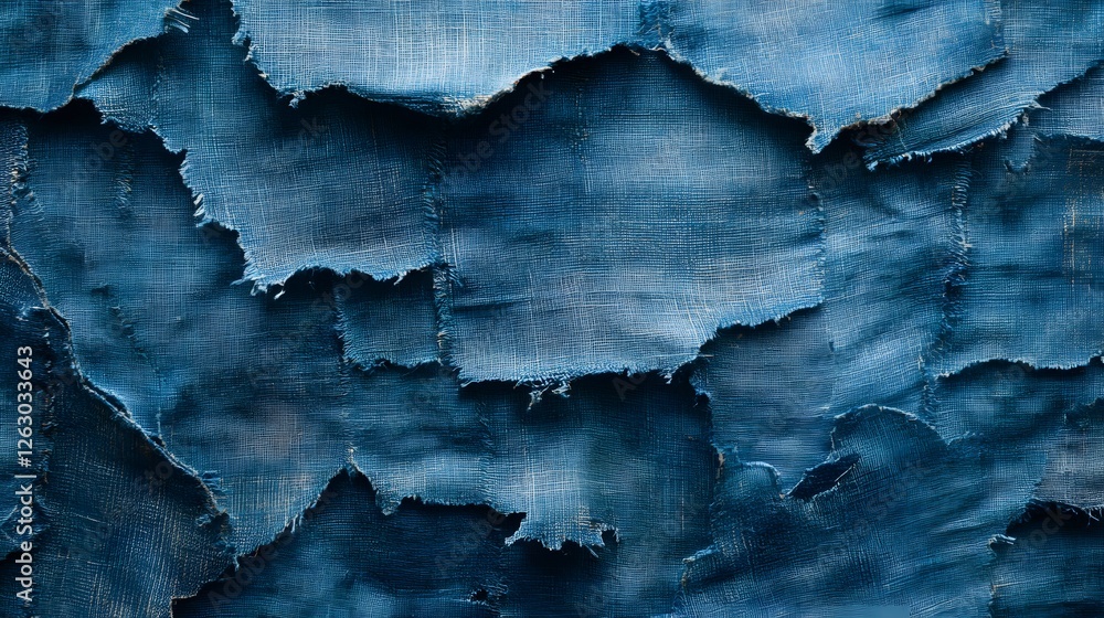 Poster close-up view of a textured denim patchwork with various shades of blue and indigo, showing the dist