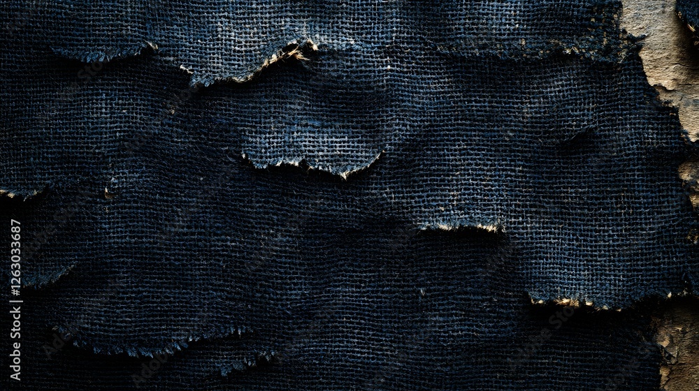 Poster close-up of dark blue burlap texture, showing wear and tear. macro texture backgrounds abstract blue