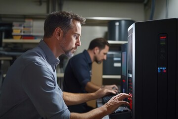 Fototapeta premium Two IT specialists work late into the night, maintaining and troubleshooting server hardware.
