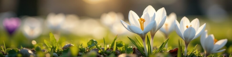Fototapeta premium Delicate white crocus, vibrant pollen, spring bloom, spring, crocus, plant