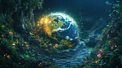 Obraz premium Glowing Earth nestled in lush, vibrant rainforest with flowing river.