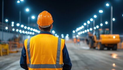 Highrise construction worker safety. Construction worker in safety gear observing a well-lit site at night, with machinery in the background.