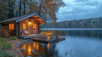 Fototapeta premium Lakeside Log Cabin Illuminated At Dusk