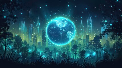Fototapeta premium Glowing Earth surrounded by futuristic city and forest at night.