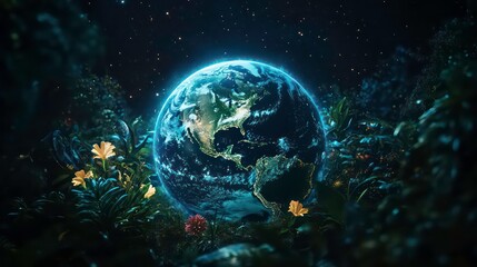 Glowing Earth surrounded by lush vegetation against a starry night sky.