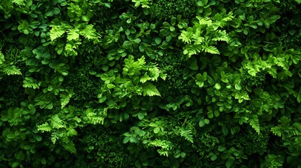 Obraz premium A close-up view of a vibrant green wall densely packed with various ferns and foliage creating a lush, textured background Macro Texture Backgrounds Fern Detail. Lush Green Vertical Garden