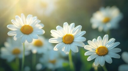 Fototapeta premium Daisies bloom abundantly in a lively garden, their white petals and yellow centers creating a cheerful pattern under the bright sunlight.