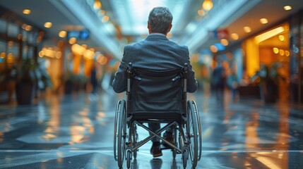 businessman in gray suit sitting in a wheelchair in an office background.