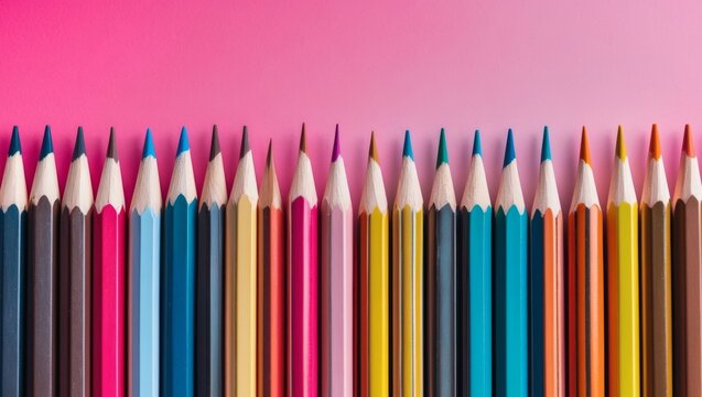 Colored pencils in a row on pink background.