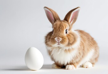 Obraz premium Fluffy Rabbit Beside an Egg on White Background.