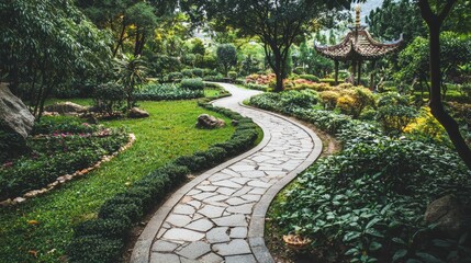 Serene Garden Pathway Surrounded by Lush Greenery and Plants