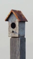 Rustic Wooden Birdhouse on Weathered Post