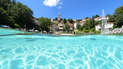 Underwater View of a Picturesque Coastal Town with Crystal Clear Water and Sailboat