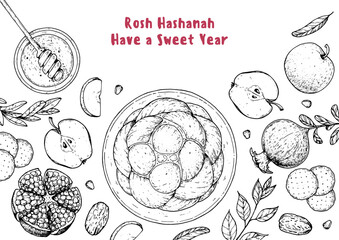 Obraz premium Rosh Hashanah greeting card design template. Hand drawn vector illustration. Jewish new year symbols. Challah bread, apple, pomegranate , honey top view.