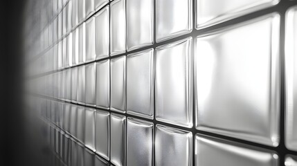 Obraz premium Close-up of a glass block wall, showcasing its texture and geometric pattern. Modern and clean design. Glass Block Wall: Architectural Detail in Monochromatic Light
