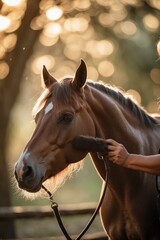 Obraz premium Grooming a horse under warm sunlight with a blurred background of trees
