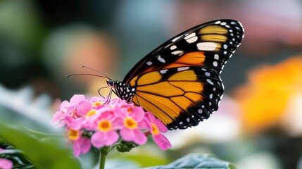 Naklejka premium Vibrant monarch butterfly resting on pink flowers in lush garden setting.