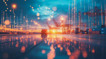 Obraz premium Container truck in ship port for business Logistics and transportation of Container Cargo ship and Cargo plane with working crane bridge in shipyard at sunrise, logistic import export and transport