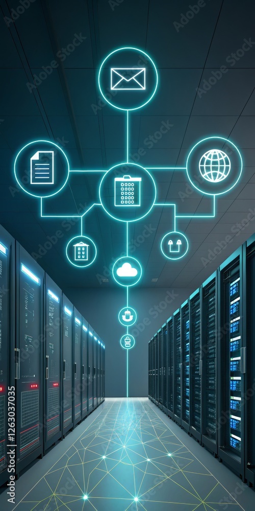 Poster cybersecurity data center server room network visualization, cloud computing, data security cloud st