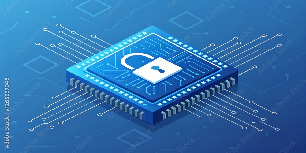 Poster cybersecurity isometric microchip with open padlock, data security, digital privacy, network protect
