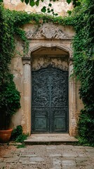 Fototapeta premium Ornate Iron Gate Surrounded by Green Vines in Historic Setting
