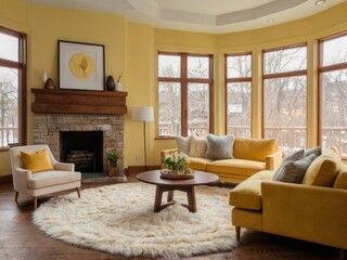 Sunny Living Room With Yellow Sofa And Fireplace