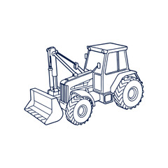 Excavator Outline Drawing, Backhoe Loader Line Art