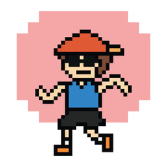 Obraz premium Cute pixel cartoon exercise run 8bit character man run running jog cardio lifestyle decoration life style 8 bit male boy jog marathon exercise png game 8 bit vector.