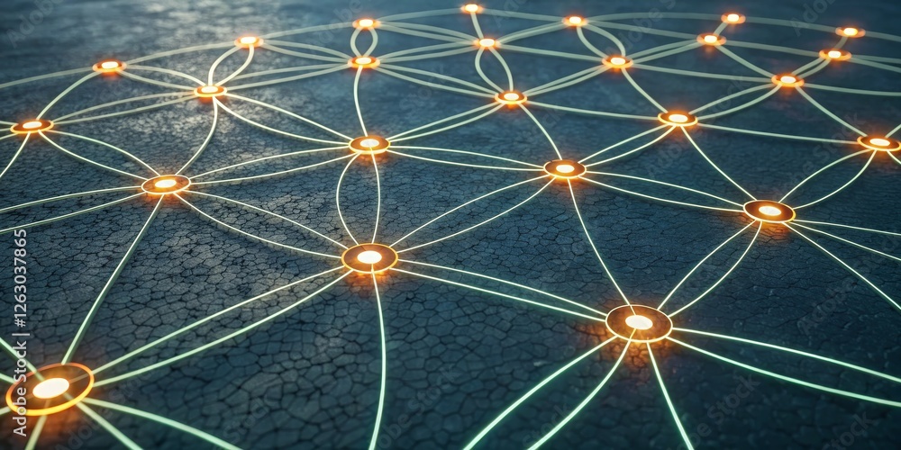 Poster illuminated network nodes 3d render of interconnected glowing circles on dark cracked surface, netwo