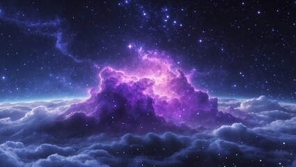 Vibrant purple nebula and starry night sky in outer space.