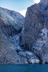 Collapsed  hanging glacier, dickson fjord, Northeast Greenland National Park. A rock and ice avalanche in September 2023 caused a megatsunami with initial waves reaching 200 metres.