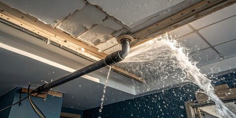 Leaking Ceiling Pipe Burst Pipe Water Damage, Low Angle Composition, Water Spray Water damage, burst pipe