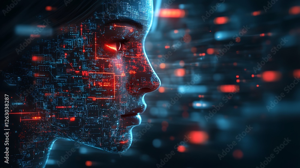 Poster ai woman's face, glowing with digital data streams and circuit board patterns.