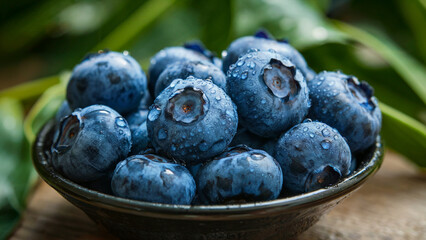 Fresh blueberries in a black ceramic bowl with drops of water on a background of greenery - a macro shot highlighting the juiciness, natural texture and rich blue color of the fruit